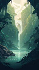 130. majestic waterfall graphic poster design soothing shades wallpaper. Generative AI
