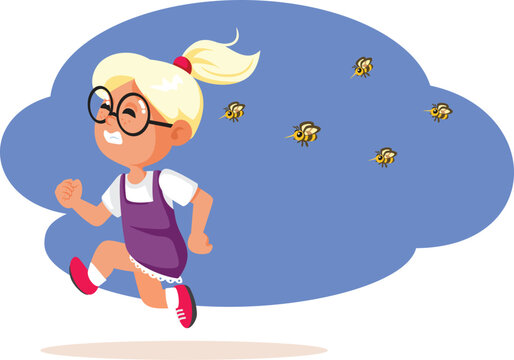 Allergic Little Girl Running Away from Dangerous Bees Vector Cartoon Illustration. Stressed child feeling fearful and scared chased by wasps
