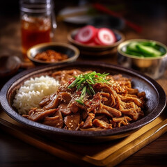 Thinly sliced pork and onions served over rice
