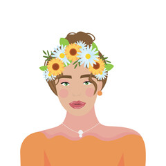 Beautiful woman with floral wreath on white background. Summer Solstice