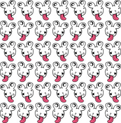 The background consists of eared bunnies showing tongues