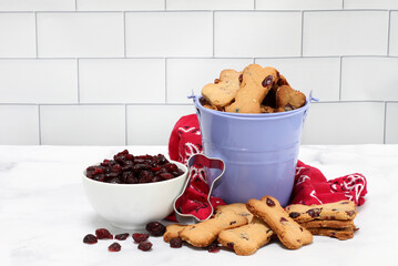 Cranberry dog cookies in a bucket with a bowl of berries.