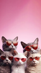 Five cats in dark glasses on a white background. funny cool grey cat gang wearing sunglasses with copy space created with Generative AI