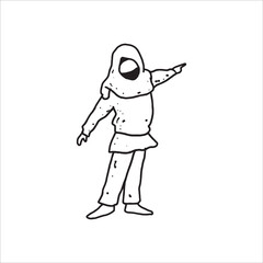 muslim girl pointing Hand drawn line art cartoon vector illustration.