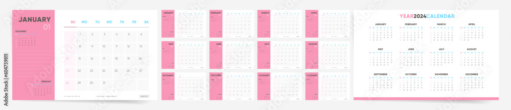 Wall mural calendar 2024, calendar 2024 sunday start modern minimal pink design template.