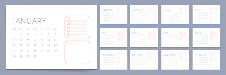2024 Calendar Planner Template with Place for Notes. Vector layout of a wall or desk A4 calendar. Sunday start. Pink Calendar Printable Grid.