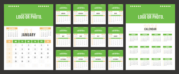 2024 Calendar Planner Template with Place for Photo and Company Logo. Vector layout of a wall or desk A4 calendar. Sunday start. Green Calendar Printable Grid.