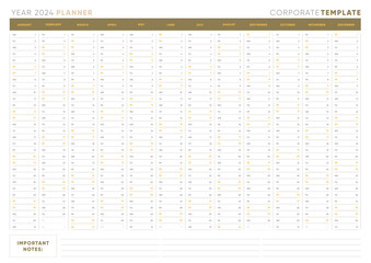 One Page Planner Template for 2024 Year. Wall Calendar Planner in a Business Modern Style. Vector, Editable and Printable.