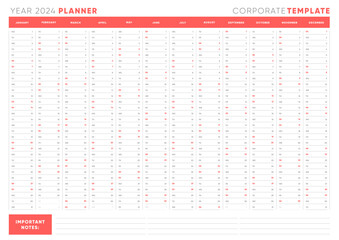 Year Planner Calendar for 2024 with Monthly Vertical Grid in Classic style and Red Color. Planner Template for schedule, timeline diary, work agenda, organizer.