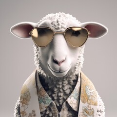 3D cartoon sheep portrait wearing clothes, standing in front, generative ai