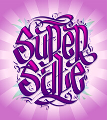 Super sale banner with calligraphy lettering and rays on a backdrop
