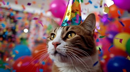 A cat wearing a party hat and surrounded by confetti and balloons. .Generative AI