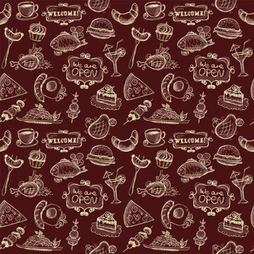 Breakfast food style seamless pattern with hand drawn food symbols