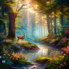 Mysterious deer in a beautiful and fantastic forest , made with artificial intelligence