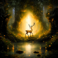 Deer in a fantasy forest with a dreamy feeling, created by artificial intelligence