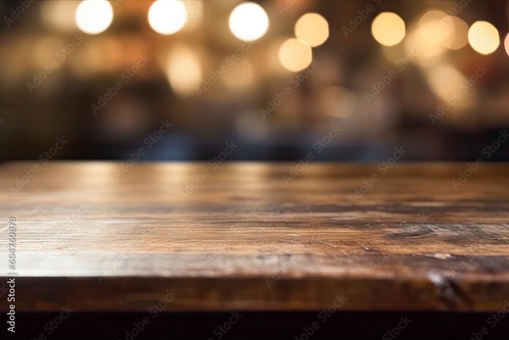 Aufkleber rustic wooden table illuminated by warm lights generative ai