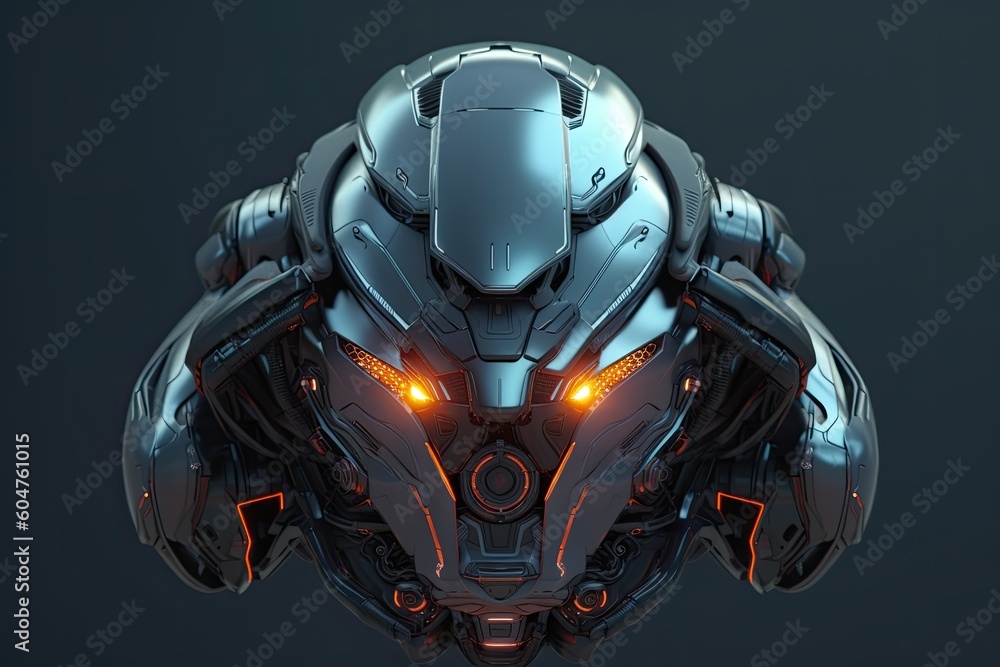 Poster high-tech helmet with illuminated eyes standing out on a dark background generative ai