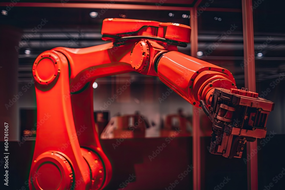 Poster close up view of a robotic arm in red color generative ai