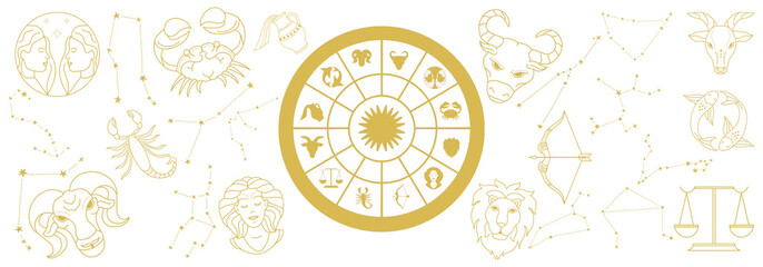 constellations zodiac signs horizontal banner in gold colour. Tarot style, horoscope, nativity. © ольга алфеева