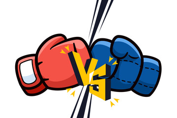Red and blue boxing gloves fight icon. Battle Versus emblem flat design cartoon comic style on isolated white background. Vector illustration for banner, poster, and wallpaper. - obrazy, fototapety, plakaty