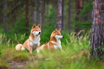 two dogs resting in a green field Generative AI