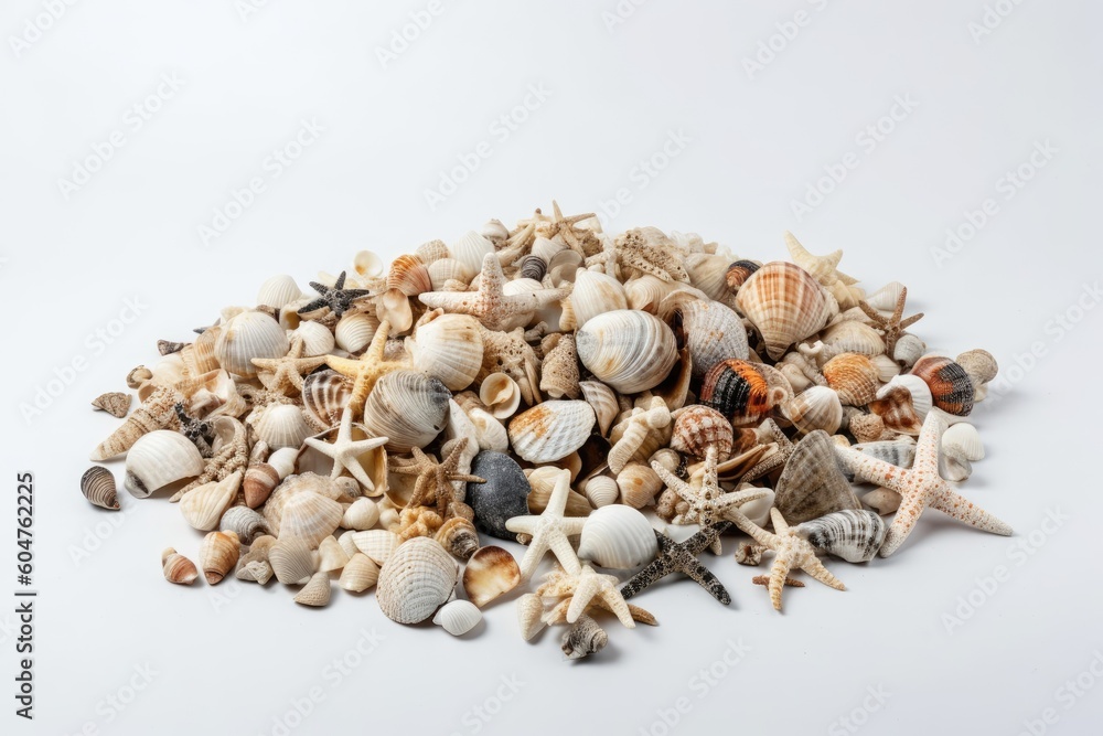 Aufkleber pile of various sea shells isolated on a white background Generative AI