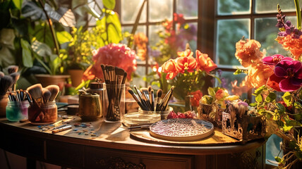 Naklejka na ściany i meble makeup tools scattered on a sunlit vanity table, surrounded by blooming flowers and lush green plants. generative ai.