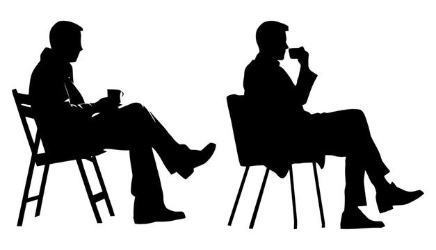 Silhouette of man sits relaxed in chair holding cup and drinking. Side view
