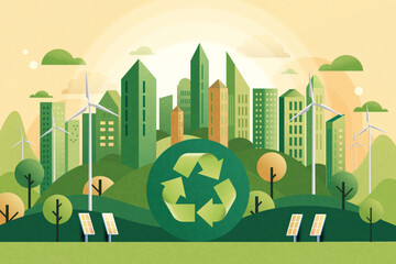 Recycle concept with green eco city background. Ecology and Environment conservation resource sustainable.Vector illustration.