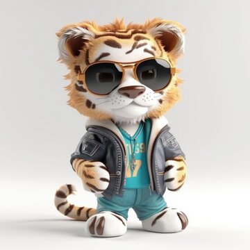 3D cartoon tiger portrait wearing clothes, standing in front, generative ai