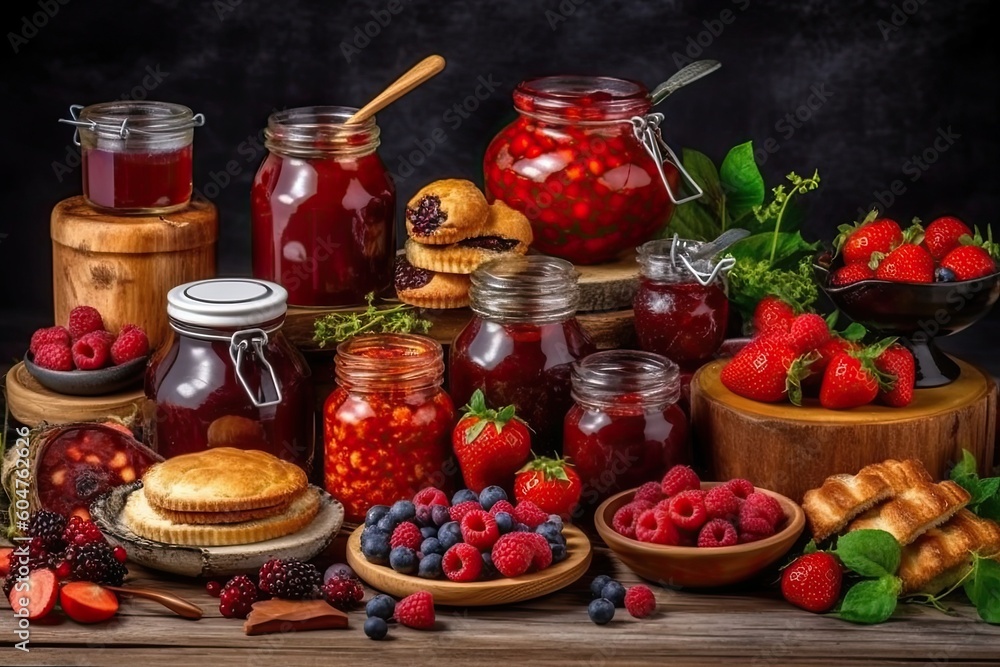 Poster rustic table adorned with colorful jars of homemade jams and fresh fruits generative ai
