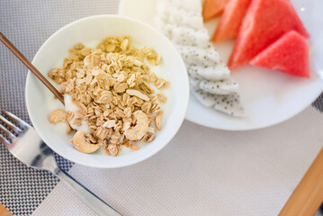 Breakfast yoghurt served with oats,Watermelon,Dragon fruit,Healthy eating,Tasty and easy cooking