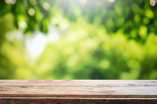 Wooden table and blurred green nature garden background.