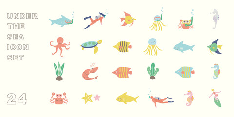 海、クラゲ、サメ、ウミガメ、ワカメ、カニ、スノーケル、海藻、エビ、熱帯魚、エンゼル、魚、