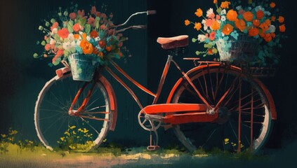 Obraz na płótnie Canvas painting of vintage bicycle with bucket full of flowers, Generative AI