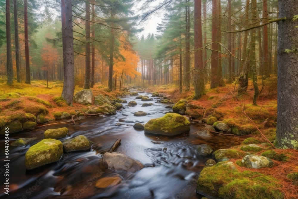 Poster serene stream flowing through a dense green forest generative ai