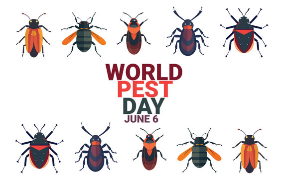 illustration of a set of colorful flat pest with bold text isolated on white background to commemorate world pest day on june 6
