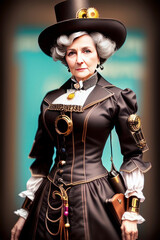 Older Gray Haired Steampunk Woman in Large Hat and Dress Generative AI illustration