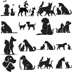 A large group of cats and dogs, silhouette illustration