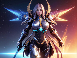 Illustrated Female Armored Galactic Angel in Detailed Elaborate Armor Starry Skies Generative AI illustration