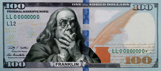 A humorous portrait, a parody of a hundred-dollar bill of the United States with a surprised portrait of Franklin.