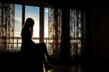 Silhouette of a girl sitting on the bed near a window during sunset