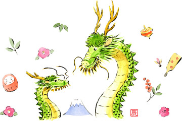 筆で描いた龍の親子と正月小物　ベクターイラスト