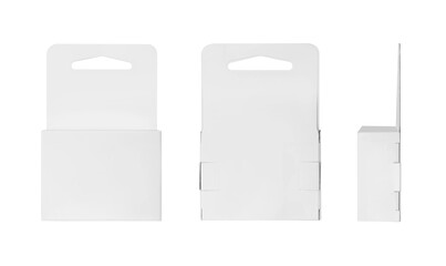 Blank retail packaging white boxes with hang slot. Isolated on white background with different angles.