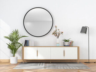 living room interior with wooden sideboard and round hanging mirror. 3D rendering