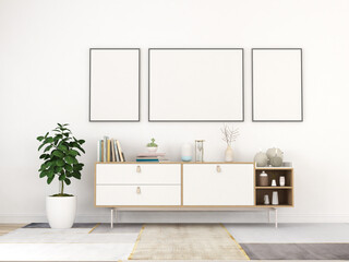 living room interior with wooden sideboard and mock up frame 3D rendering