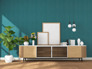 living room interior with wooden sideboard and mock up frame 3D rendering