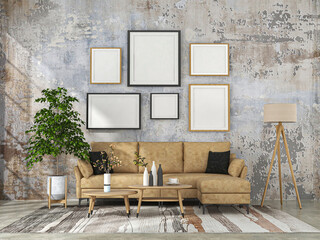 Interior living room with sofa and mock up poster frame. Scandinavian design. 3D render