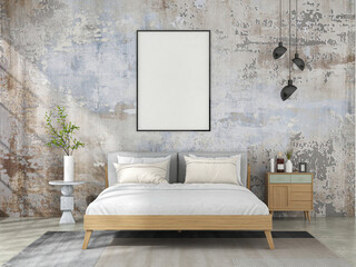 Interior living room with bed and mock up frame. Scandinavian design. 3D render