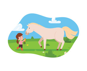 Farm or summer field background with child feeding a horse, flat vector isolated.